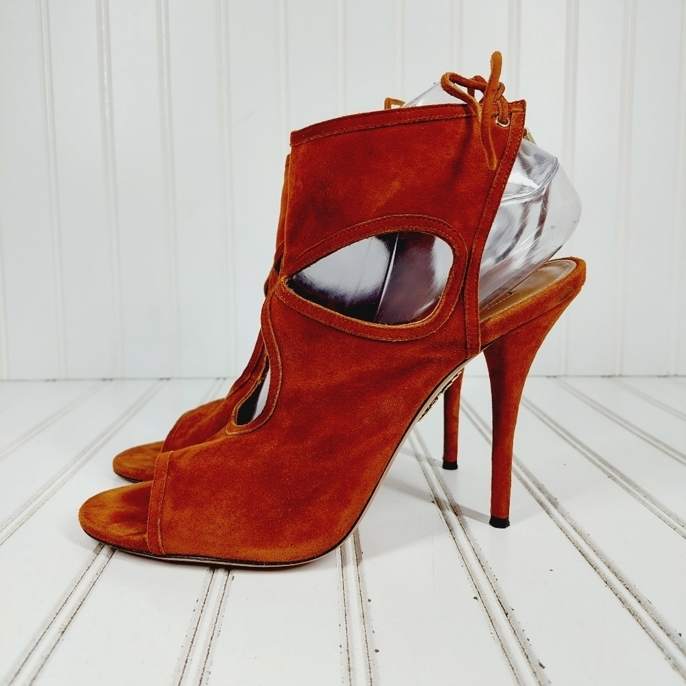 Aquazzura Brown Suede Cut Out Open Toe Lace Back Ankle Boots Sandals Heels B178